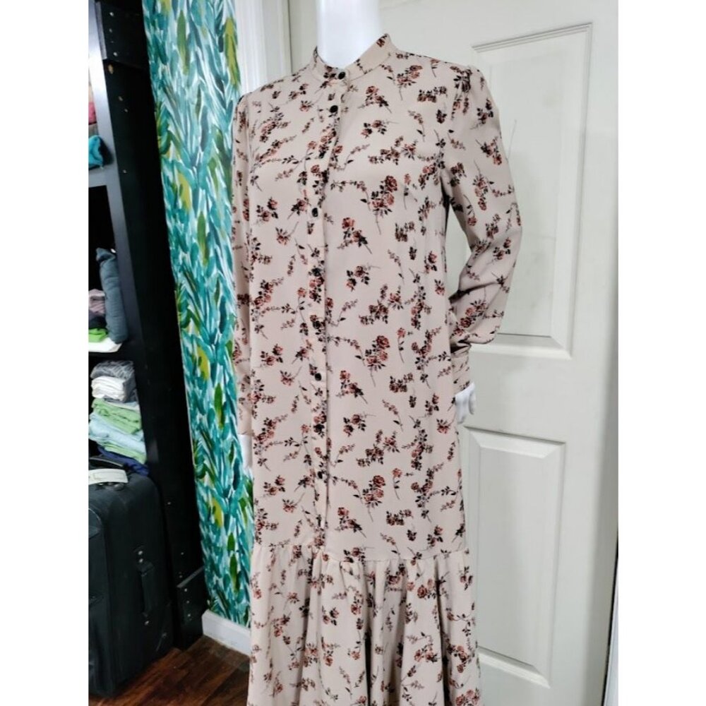 Begonia Puff Long Sleeve High Neck  Floral Print Hi-Low Dress Beige Womens Small - Picture 3 of 15